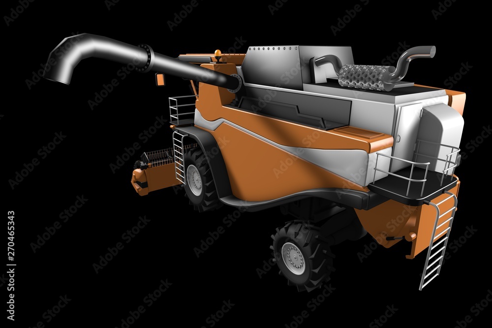 industrial 3D illustration of big cg orange farm combine harvester with grain pipe detached rear view isolated on black