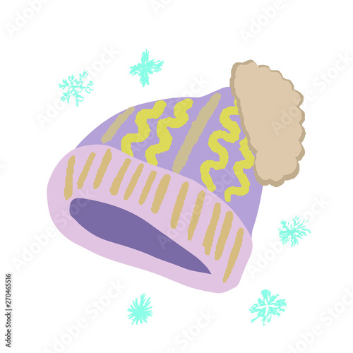 Winter headwear. Light purple knitted beanie with pompom isolated on white background. Poster design element. 