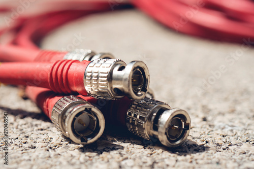 BNC Connectors Coaxial Red Cables Closeup photo