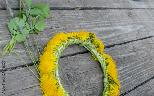 A wreath of yellow dandelions and wildflowers on the Board floor.
