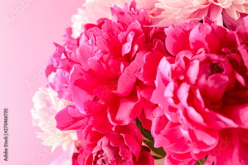Bouquet of beautiful pink peonies against light background  space for text and closeup
