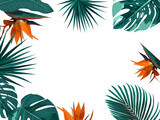 Vector tropical jungle frame with palm trees, flowers and leaves on white background