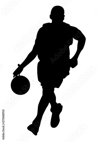 Silhouette noire de basketteur dribblant avec un ballon sur fond blanc photo