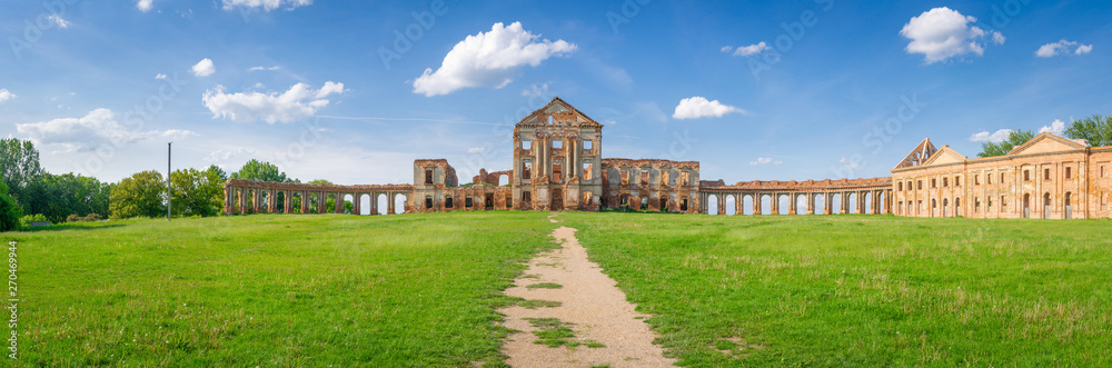 Panorama of old destructed palace in Ruzhany, Belarus. Brest region