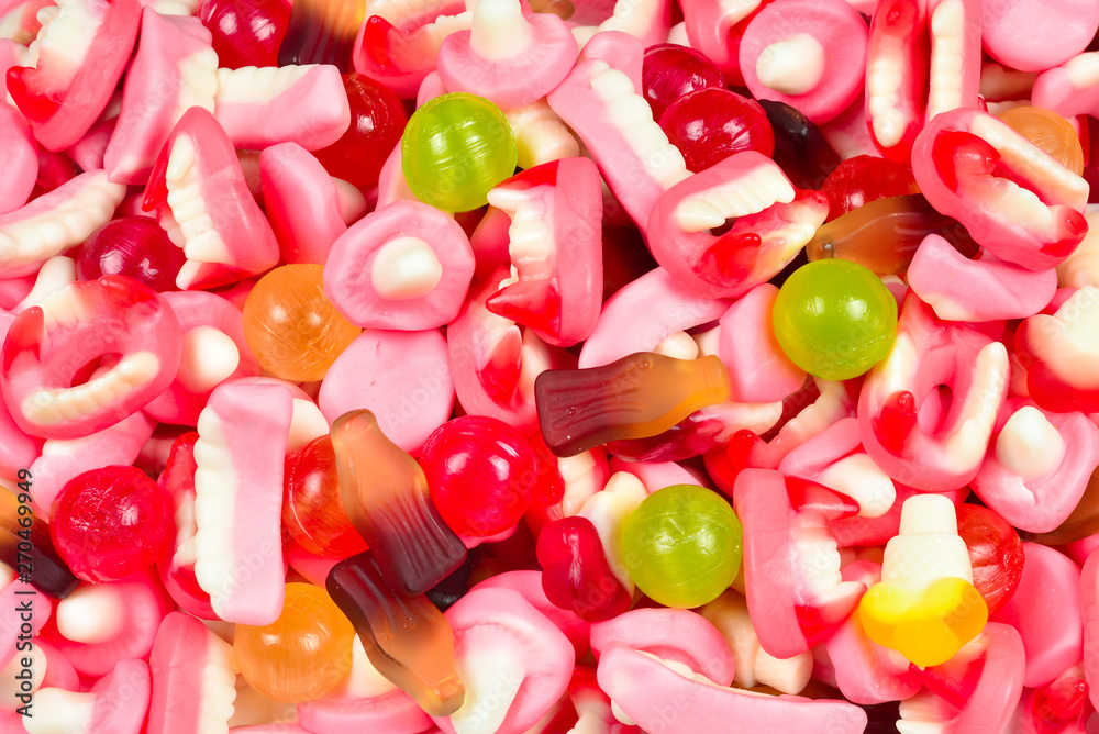 Assorted gummy candies. Top view. Jelly sweets. Assorted gummy candies. Top view. Jelly sweets.