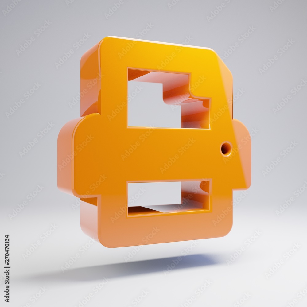 Volumetric glossy hot orange Print icon isolated on white background.