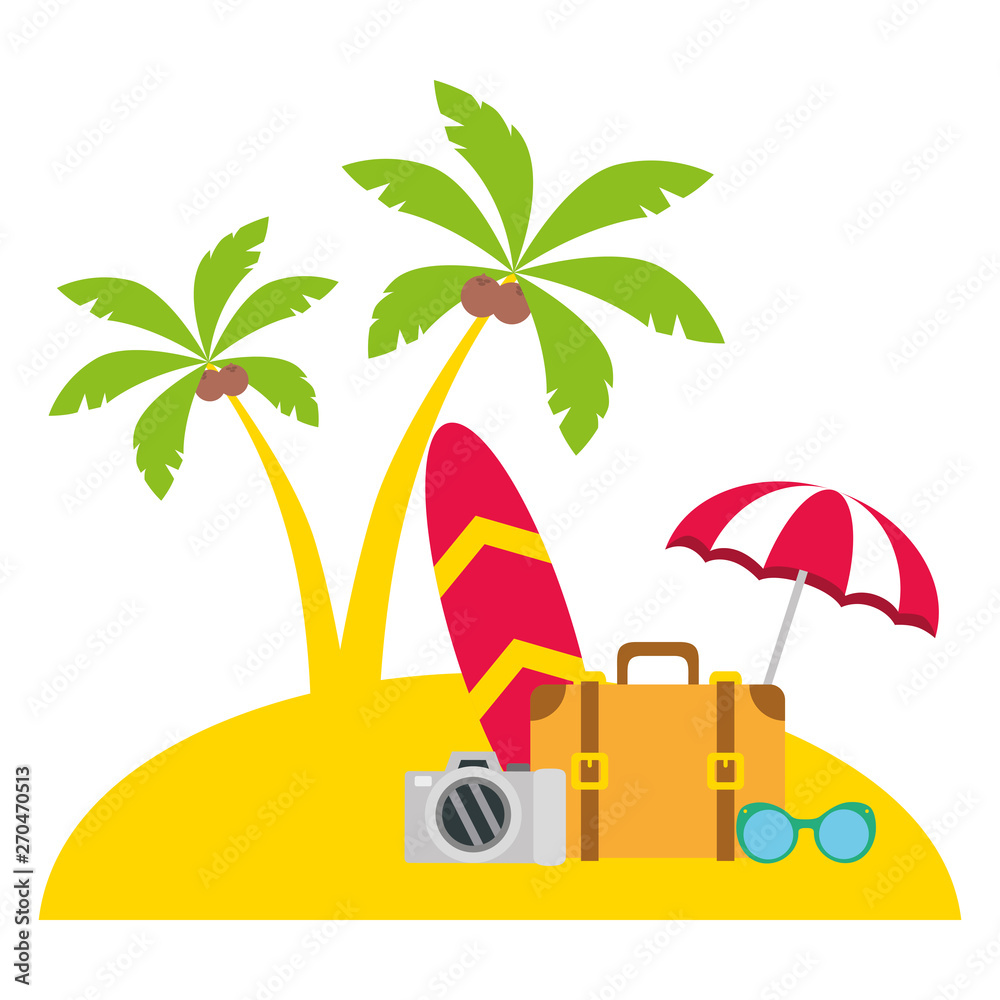 Obraz premium vacations bag sunglasses camera umbrella palms beach