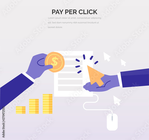 Advertiser pays a publisher - PPC. Creative business illustration in flat style for your design. Pay Per Click vector concept.
