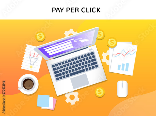 Top view of internet advertising symbols. Pay Per Click vector concept. Creative business illustration in flat style for your design.