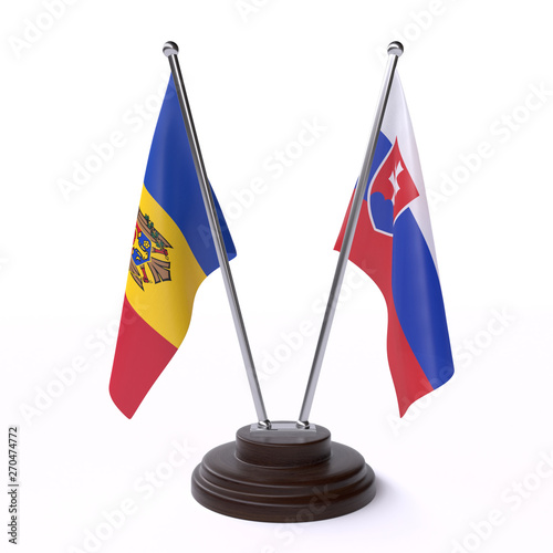 Moldova and Slovakia, two table flags isolated on white background. 3d image