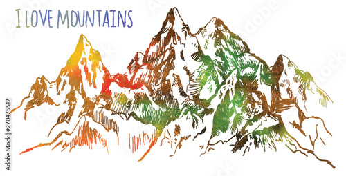 I love the mountains. Vector freehand drawing . Stocking up for a card , poster