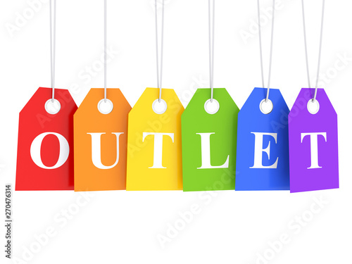 Outlet colord text word on hanging etiquette 3D render photo