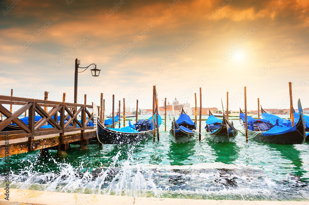 Gondolas on the Grand canal near San Marco square in Venice, Italy. Famous travel destination
