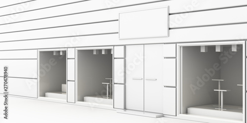 Showroom store empty and blank facade, mockup project with copy space. 3d rendering.