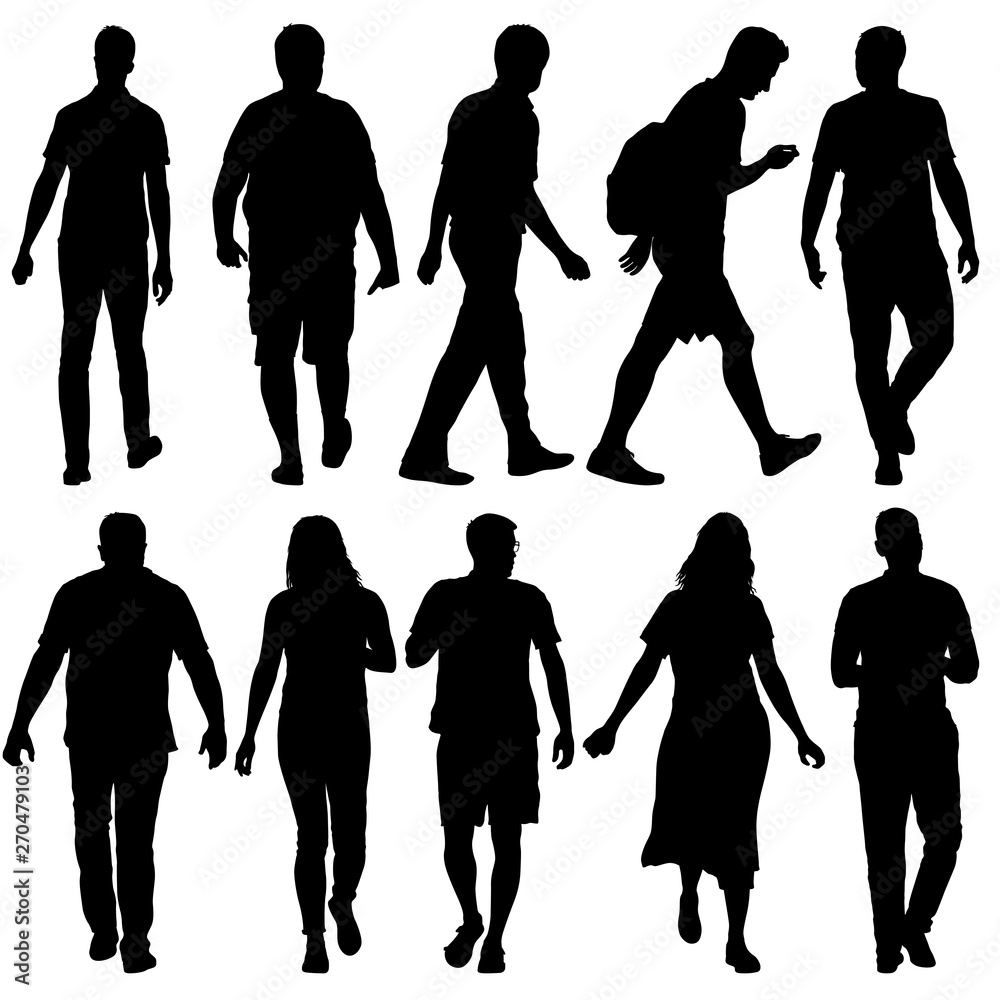 Set Black silhouette man and woman standing, people on white background