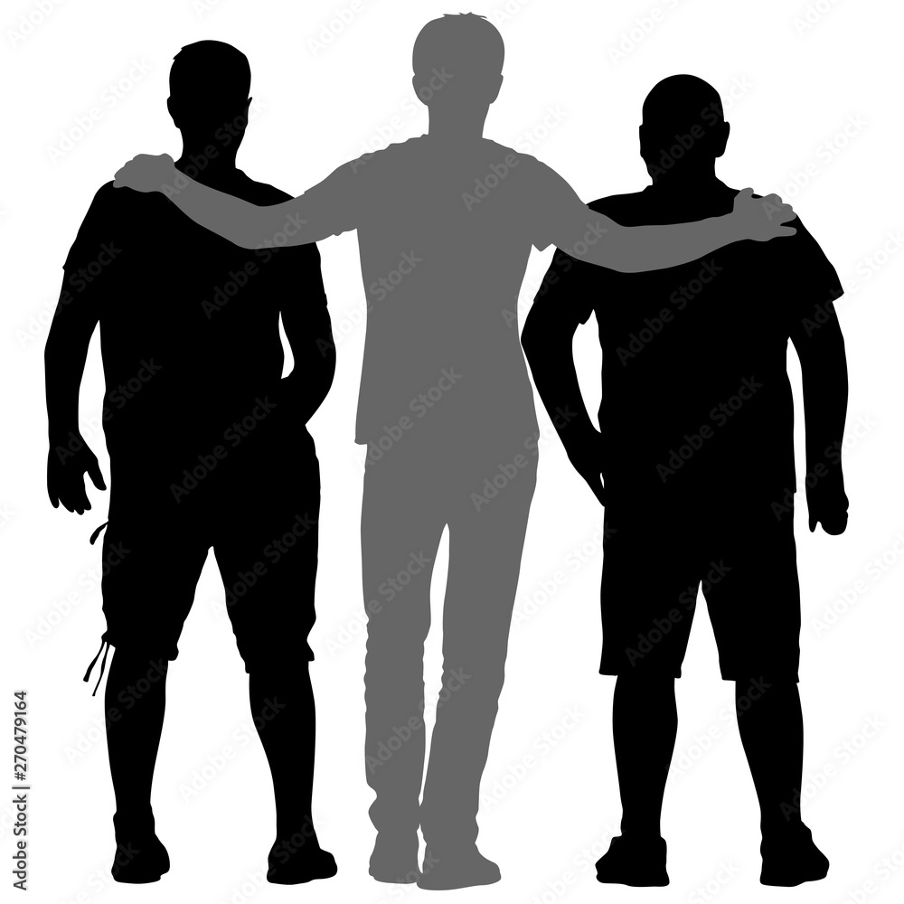 Black silhouette three men stand embracing on white background Black silhouette three men stand embracing on white background