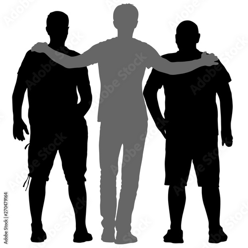 Black silhouette three men stand embracing on white background