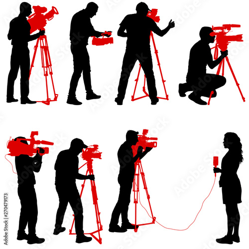 Set cameraman with video camera. Silhouettes on white background