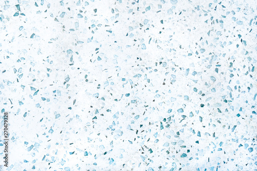 Speckled quartz countertop material as a background, flat surface, in blue and white colors.