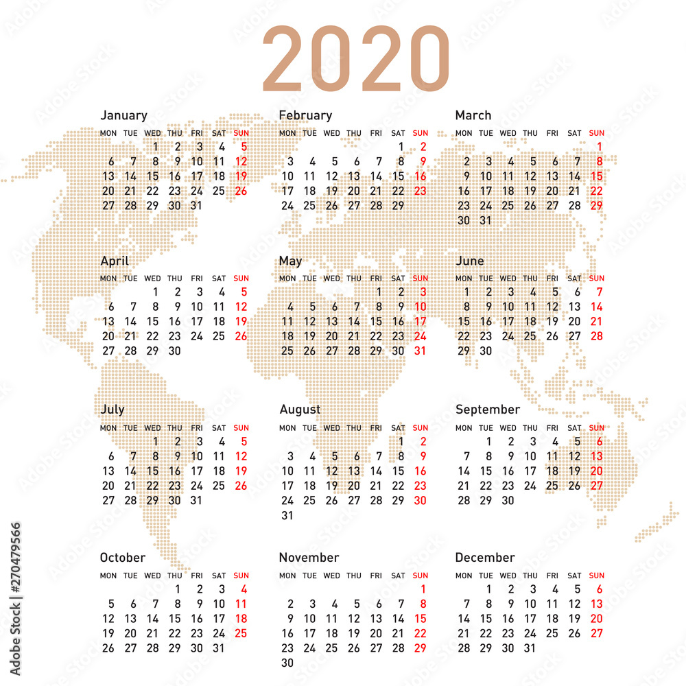 Calendar 2020 with world map. Week starts on Monday