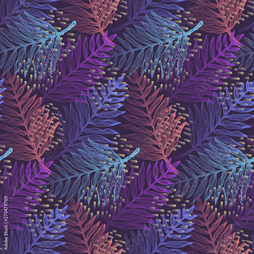 Deep purple, blue and red colors seamless pattern with tropical leaves. Magic elegant vector exotic fern leaf texture for textile, wrapping paper, surface, cover, background