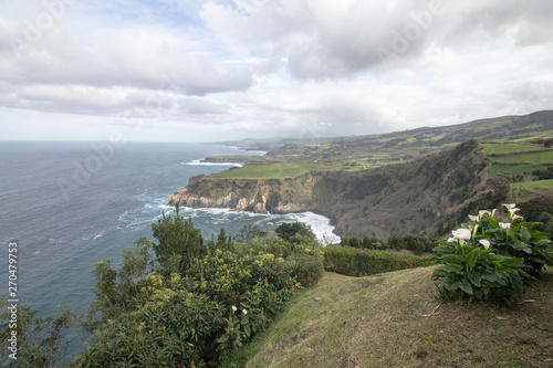 Panorama view to coastline of Sao Miguel island from Santa Iria viewpoint. Azores. Portugal