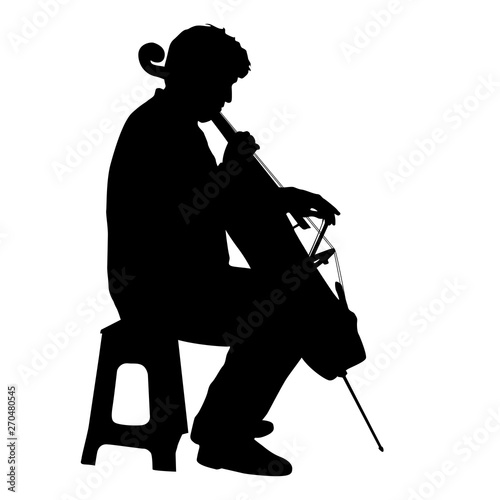 Silhouettes a musician playing the cello on a white background