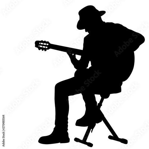 Silhouette musician plays the guitar on a white background