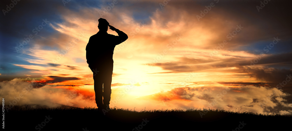 Soldier salute at sunset - obrazy, fototapety, plakaty 