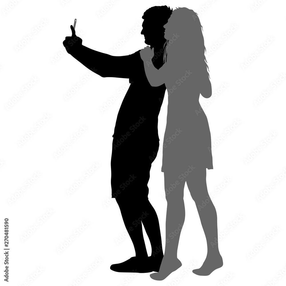 Silhouettes man and woman taking selfie with smartphone on white background