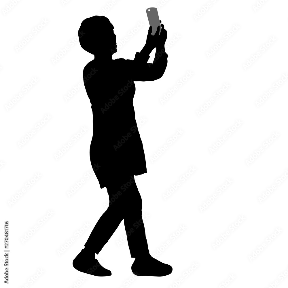 Silhouettes woman taking selfie with smartphone on white background Silhouettes woman taking selfie with smartphone on white background