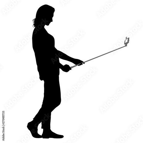 Silhouettes woman taking selfie with smartphone on white background