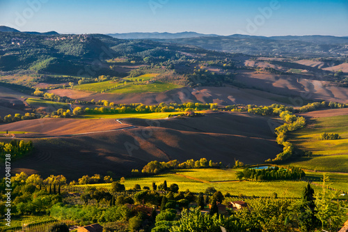 Landscape of the Tuscany seen from the walls of Montepulciano in sunset, Italy