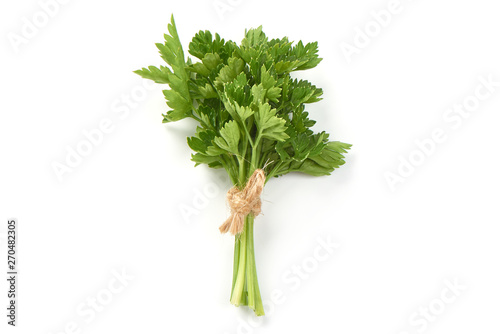 Fresh parsley bunch, top view, isolated on white background