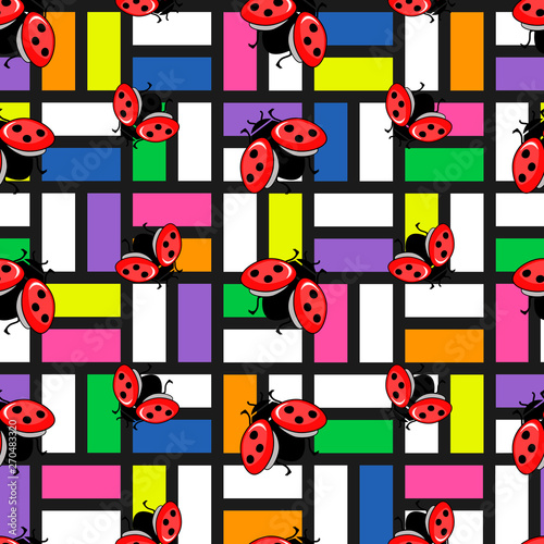Seamless vector pattern of rainbow colors with a ladybug. Abstract geometric pattern.