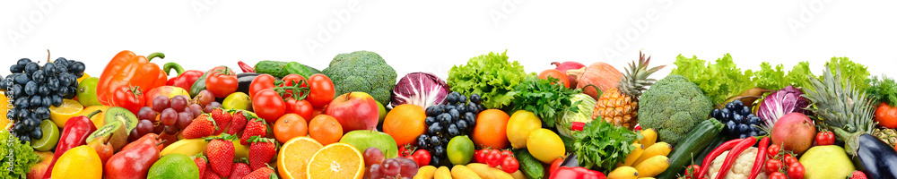 Fototapeta Fruits and vegetables isolated on white. Wide panoramic photo for title.