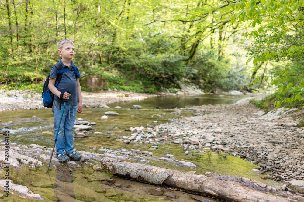 Obraz premium Boy traveler crosses the creek on a log