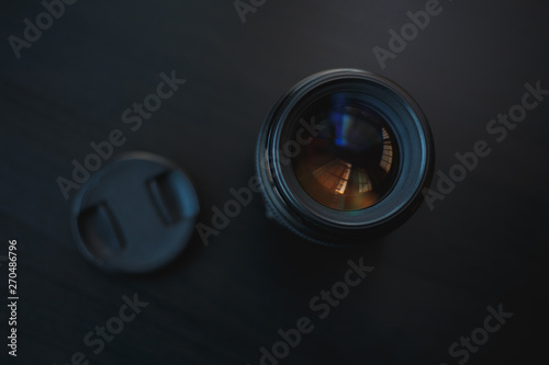 Photography lens from above with black background