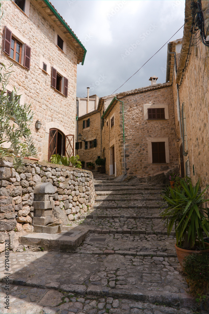BINIARAIX, MAJORCA, SPAIN - September 18,2017:Small traditional village of Biniaraix in the Tramuntana valley; Biniaraix is a starting point for many mountain walks in the area.