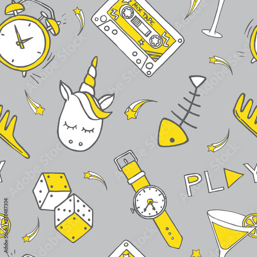 Set of diverse technological items and equipment doodle icons