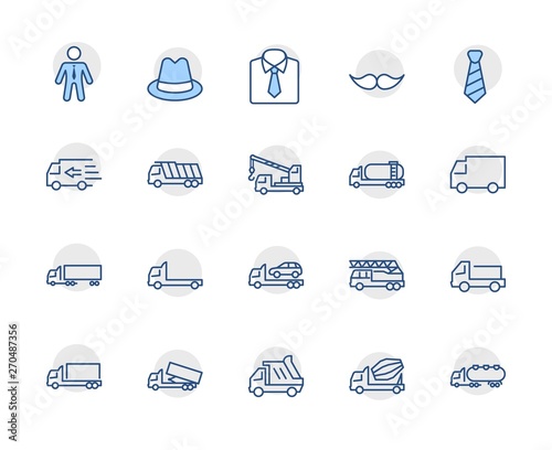 Truck Set of Transport Vector Line Icons. Contains such Icons as Truck, Transportation, Tow Truck, Cranes, Mixer, Garbage Truck, Manipulators, Delivery service and more. Editable Stroke. 32x32 Pixel
