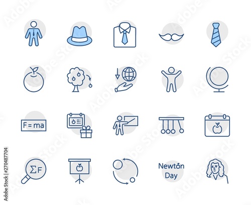 Newton's Day Set Line Vector Icon. Contains such Icons as Newton, Laws of physics and gravity, Flying Apple, Calendar, Teacher, blackboard and projector Editable Stroke. 32x32 Pixel Perfect