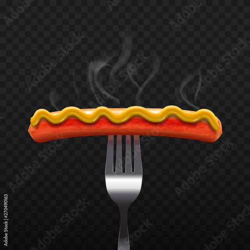Isolated Hot Sausage with Mustard on Fork in Realistic Style