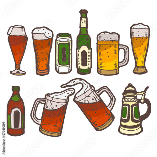 Beer Bottles Mugs and Glasses in Hand Drawn Style