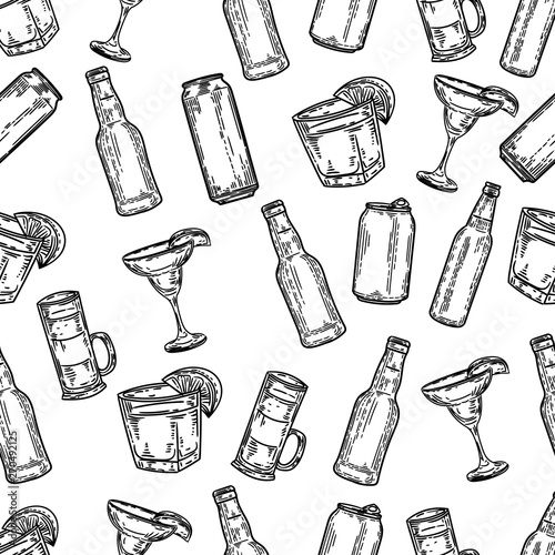 Vector hand drawn seamless pattern of alcohol drinks isolated on white.