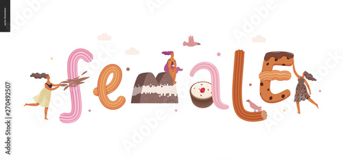 Dessert lettering - Female - modern flat vector concept digital illustration of temptation font, sweet lettering and girls. Caramel, toffee, biscuit, waffle, cookie, cream and chocolate letters