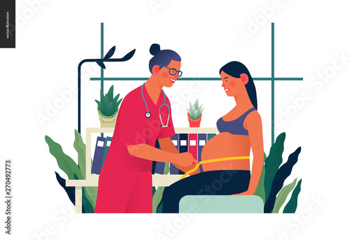 Medical insurance template -routine pregnancy cover -modern flat vector concept digital illustration of a pregnant woman at the obstetrician reception, tape measuring process, medical insurance plan