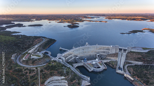 Aerial. View from the sky of the dam on the river Guadiana. photo