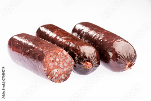 Delicious blood sausages isolated on a white background. Text space