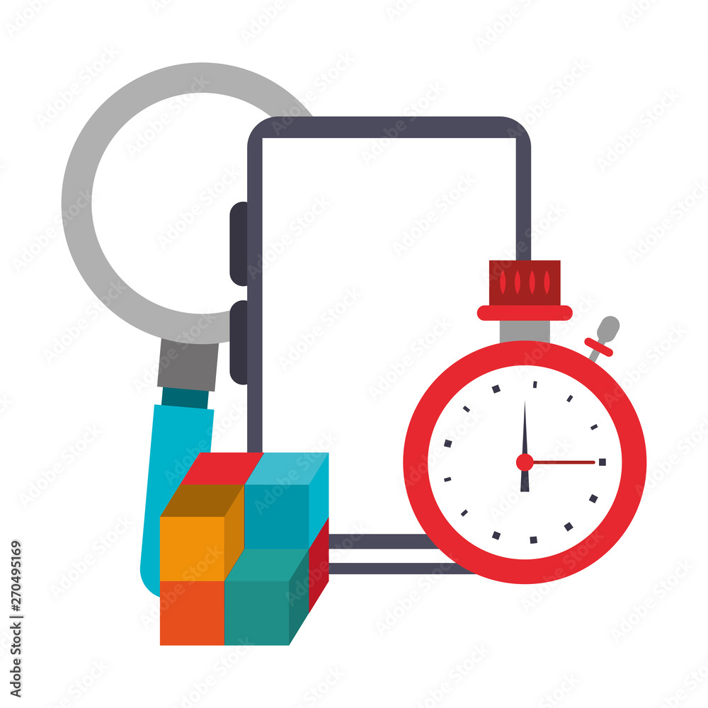 Smartphone magnifying glass with timer and cubes Smartphone magnifying glass with timer and cubes